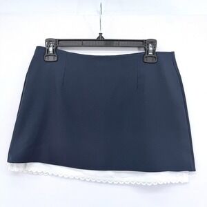 Afternoon‎ Hong Kong Navy Blue Mini Skirt Lace Trim Layered Hem Womens Size M